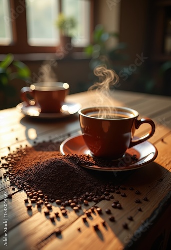 scattered coffee grounds rustic wooden table textures detail aroma fresh brewed coffee morning ritual, espresso, beans, filter, cup, mug, latte, drip, routine