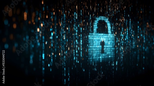 Digital Lock Surrounded by Binary Code Representing Cybersecurity Vulnerabilities and Data Protection in a Virtual Network