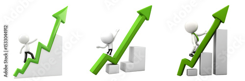 3D Stick Figures Achieving Green Growth Arrows on Transparent Background

