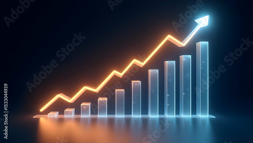 Glowing upward graph representing growth and success in business or investment context against dark background, scene 46