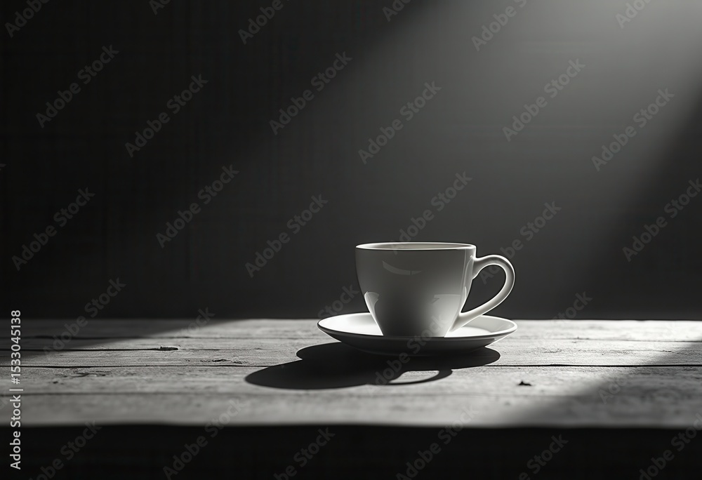 Obraz premium simplistic coffee cup silhouette rustic wooden table cool monochrome still life art, minimalism, design, texture, grain, brown, interior, lighting