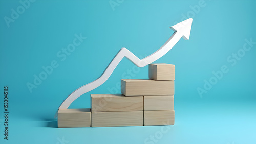 Wooden block stacking as step stair with white arrow up on blue background representing ladder of success in business growth concept, scene 22