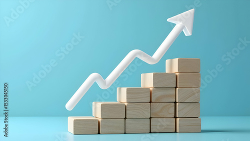 Wooden block stacking as step stair with white arrow up on blue background representing ladder of success in business growth concept, scene 11