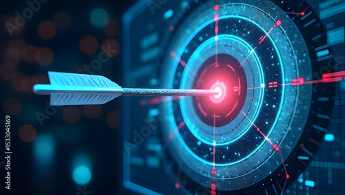 Digital target with arrow hitting bullseye in technology background representing success visualization, scene 39