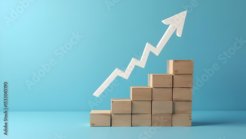 Wooden block stacking as step stair with white arrow up on blue background representing ladder of success in business growth concept, scene 29
