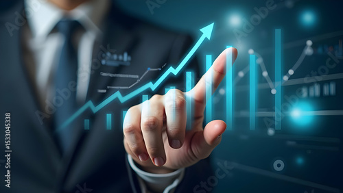 Business development to success and growing growth concept with hand pointing at arrow graph showing corporate future growth plan and increase percentage, scene 19