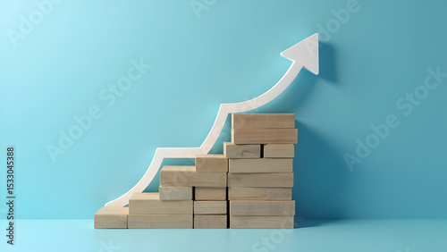 Wooden block stacking as step stair with white arrow up on blue background representing ladder of success in business growth concept, scene 40