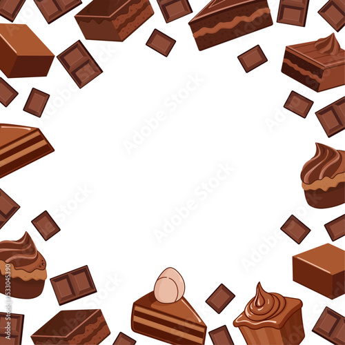 Vector frame with chocolate cupcakes and cake slices on white background with space for text or custom design. Perfect for World Chocolate Day, sweet menu, packaging, kids design, and festive decorati