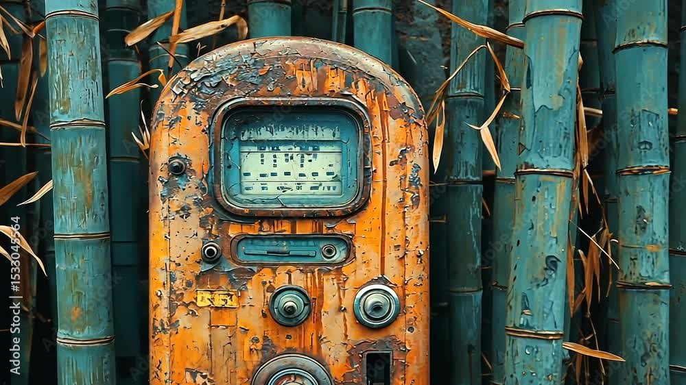 Vintage gas pump surrounded by lush green bamboo, showcasing nature's beauty and decay
