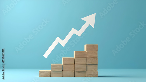 Wooden block stacking as step stair with white arrow up on blue background representing ladder of success in business growth concept, scene 31