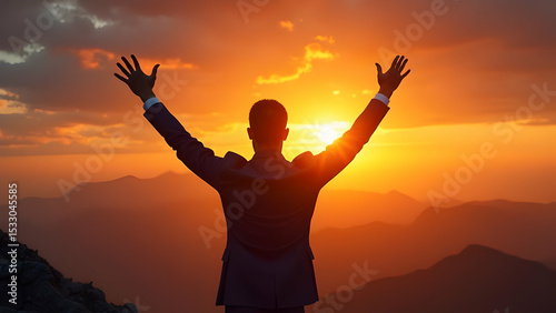 Ultra-Realistic Businessman Silhouette with Arms Forming V for Victory Against Magnificent Sunset