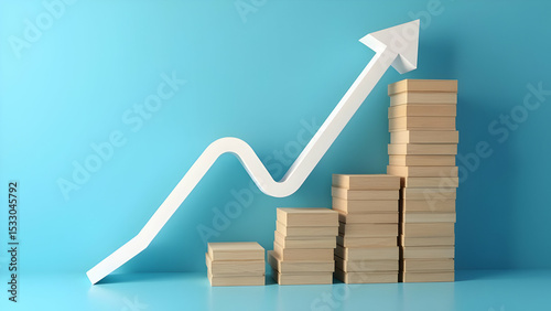 Wooden block stacking as step stair with white arrow up on blue background representing ladder of success in business growth concept, scene 42