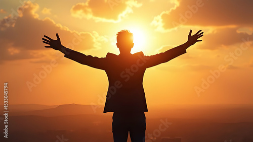 Photorealistic Businessman Silhouette with Arms Stretched Wide Embracing Success Against Sunset