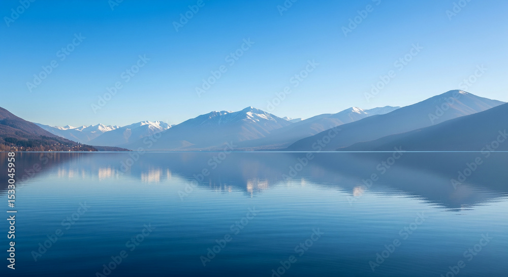 Fototapeta premium Calm lake view with mountain reflection and soft blue sky
