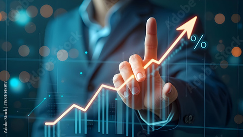 Business development to success and growing growth concept with hand pointing at arrow graph showing corporate future growth plan and increase percentage, scene 22