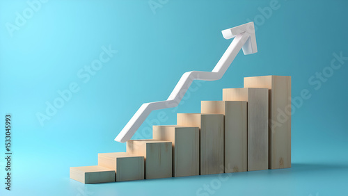 Wooden block stacking as step stair with white arrow up on blue background representing ladder of success in business growth concept, scene 26