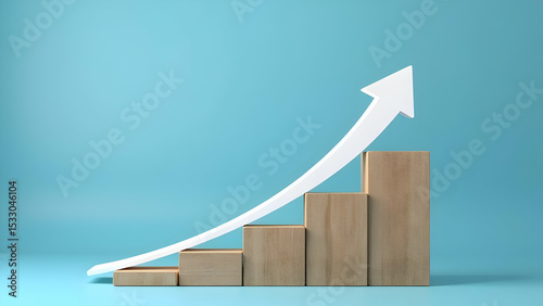 Wooden block stacking as step stair with white arrow up on blue background representing ladder of success in business growth concept, scene 4
