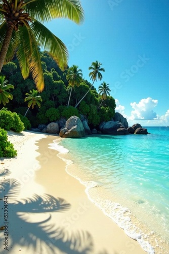 Sun-drenched sand, turquoise water, lush island backdrop, tropical beach, exotic