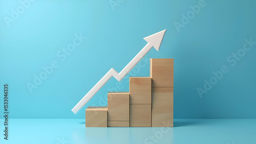 Wooden block stacking as step stair with white arrow up on blue background representing ladder of success in business growth concept, scene 3
