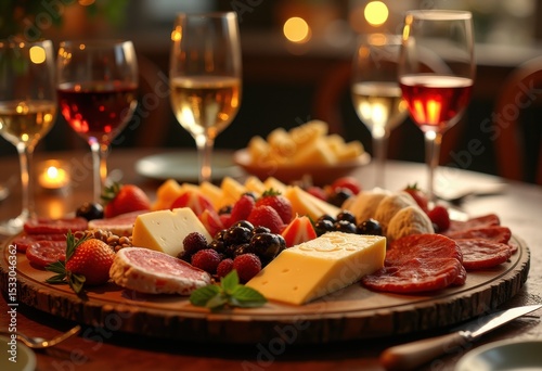 elegant cheese platter assorted wine glasses gourmet delight perfect parties events dining experience, charcuterie, appetizer, grape, nut, cracker, flavor