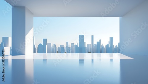 Fototapeta Naklejka Na Ścianę i Meble -  Minimalist Interior Design With Cityscape View Creating Dreamy Ambiance