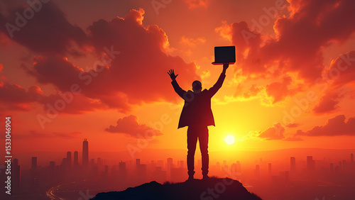 Photorealistic Businessman Silhouette with Laptop Raised Against Fiery Red Sunset Sky
