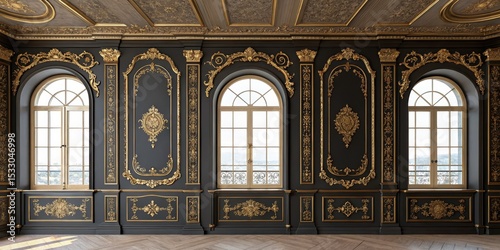 Ornate Dark Room with Gold Details and Windows, Interior design , Architecture