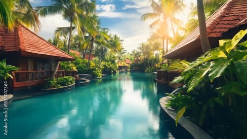 Lagoon-style swimming pool surrounded by tropical garden and traditional red-roof villas under bright morning sun. Wellness concept