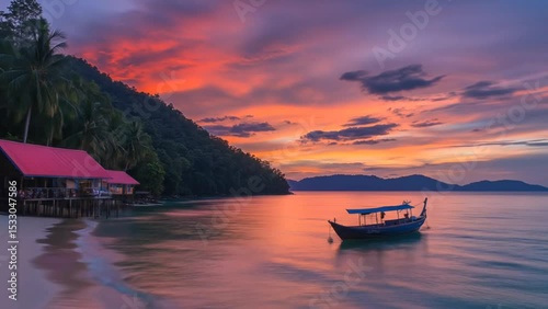 Traditional wooden boat floating near tropical shoreline with stilt house and glowing sunset sky over smooth reflective ocean water. Travel concept