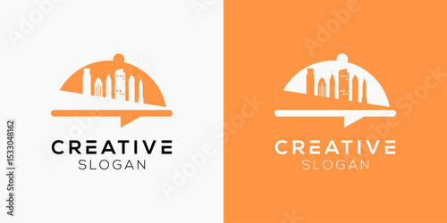 Recipe philadelphia logo design templates. Modern isolated Chef with Skyline philadelphia city symbols for restaurant and food