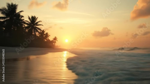 Serene tropical beach at sunset with palm trees and ocean waves reflecting sunlight