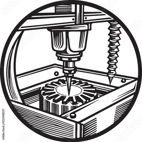 Black and white vector illustrations symbolizing old technology with an icon of a radio and a movie projector, alongside a maze-like business symbol