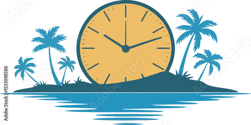 Large Yellow Clock on Tropical Island Teal Water Palm Trees