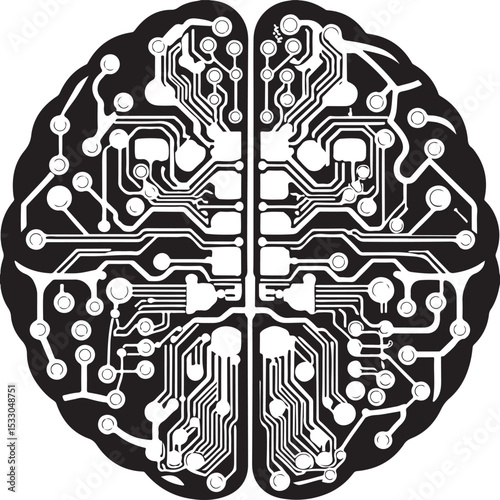 Seamless digital circuit pattern illustrating human brain anatomy, resembling a high-tech computer chip design