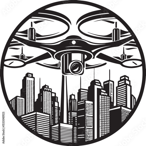 Airplane flying over urban skyline vector illustration of city buildings and skyscrapers at night