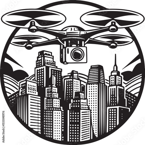 Vector illustration of city skyline with urban buildings and skyscrapers at night