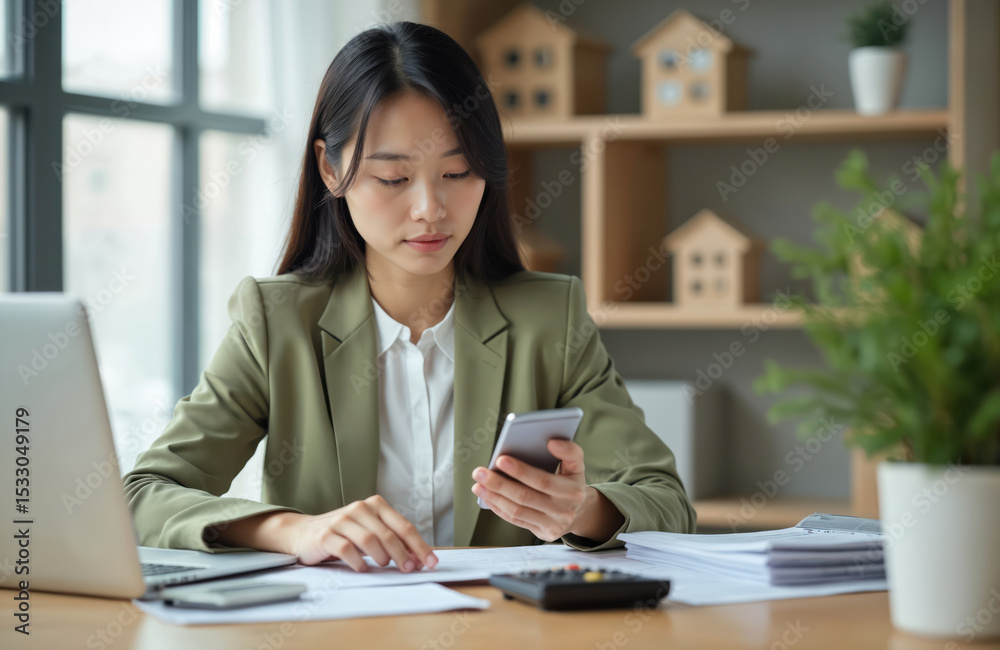 Asian businesswoman works with documents, smartphone, laptop computer. Business, finance, real estate, investment concepts. Calculate income, expenditures. Analyzing real estate data, financial, tax Asian businesswoman works with documents, smartphone, laptop computer. Business, finance, real estate, investment concepts. Calculate income, expenditures. Analyzing real estate data, financial, tax
