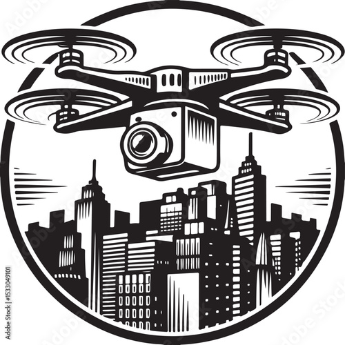 Vector illustration of an urban cityscape with an airplane flying over the black silhouette of city buildings and skyscrapers