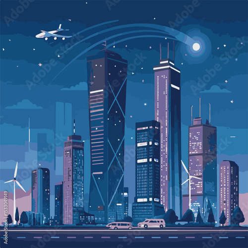 Night city skyline with illuminated urban skyscrapers and a star-filled sky