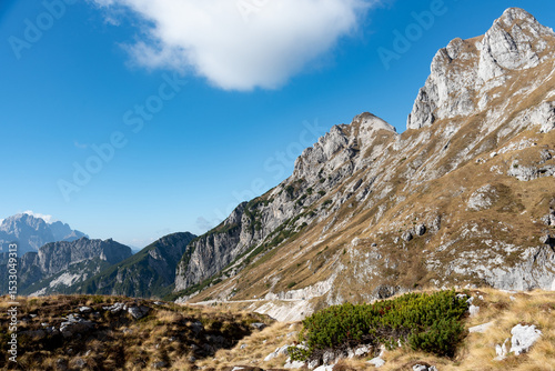 Mountain landscape and blue sky with some clouds. Julian Alps slovenia
