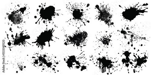Illustration of black paint splatters. Black ink splatter grunge design element, transparent background, vector illustration, PNG format.