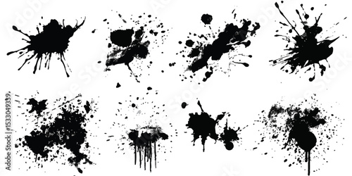 Illustration of black paint splatters. Black ink splatter grunge design element, transparent background, vector illustration, PNG format.