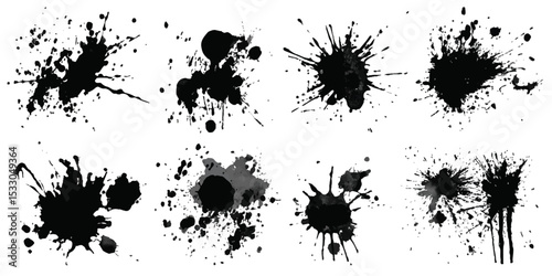 Illustration of black paint splatters. Black ink splatter grunge design element, transparent background, vector illustration, PNG format.
