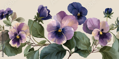 African violet (Saint-paulia ionantha) with beautiful flowers details. flowering colorful pansies in the garden