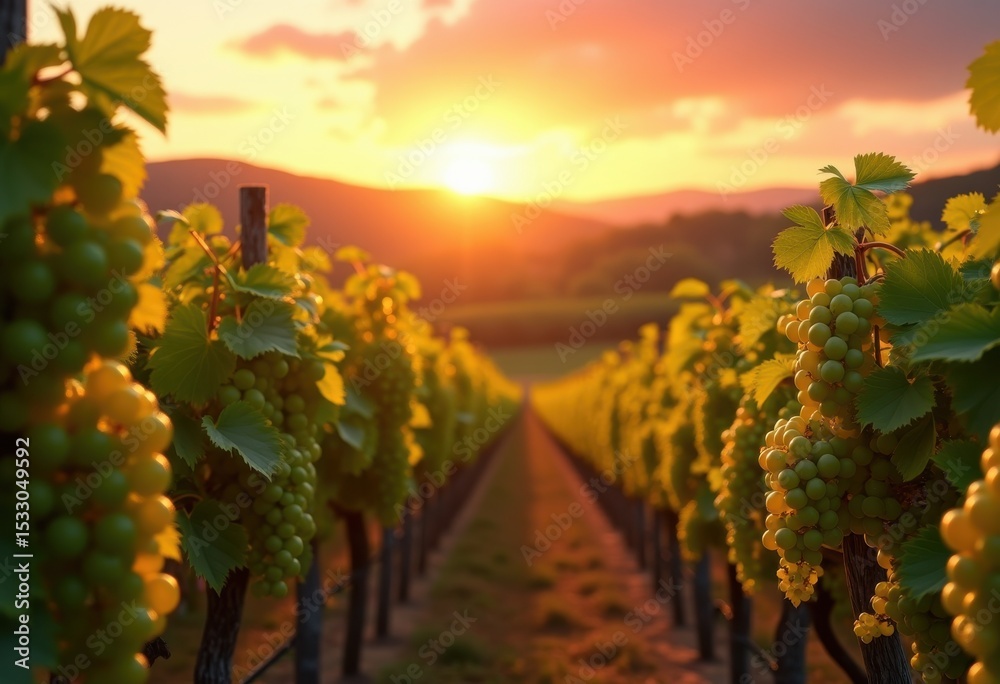 Naklejka premium bottles wine picturesque vineyard sunset golden hour nature beauty grapevine rows distinctive landscape, countryside, field, liquid, glass, sky, cloud