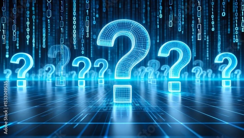 Glowing blue large question marks on a digital grid background.