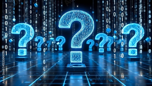 Glowing blue large question marks on a digital grid background.