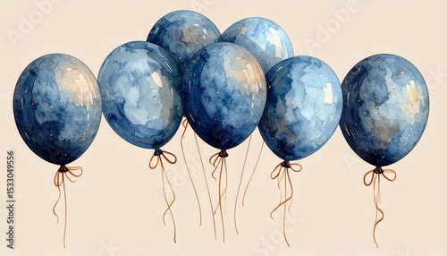 Blue balloons watercolor illustration isolated on transparent background 