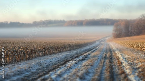 Frost-covered cornfield under a pale winter sun, with morning mist gently rolling over rows of crops and dirt paths. A tranquil, tilt-shift view of rural farmland in cold weather.