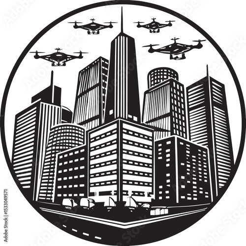 Urban city skyline silhouette vector illustration featuring modern architecture and downtown business skyscrapers